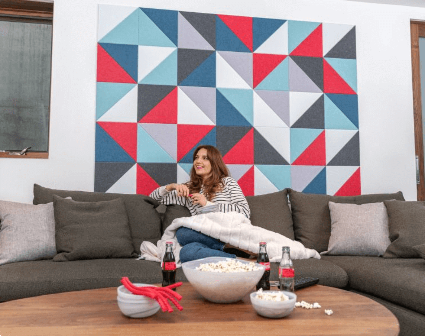 Acoustic wall tile graphic with woman